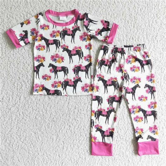 horse flower 2 pieces girls pajamas sets kids clothes