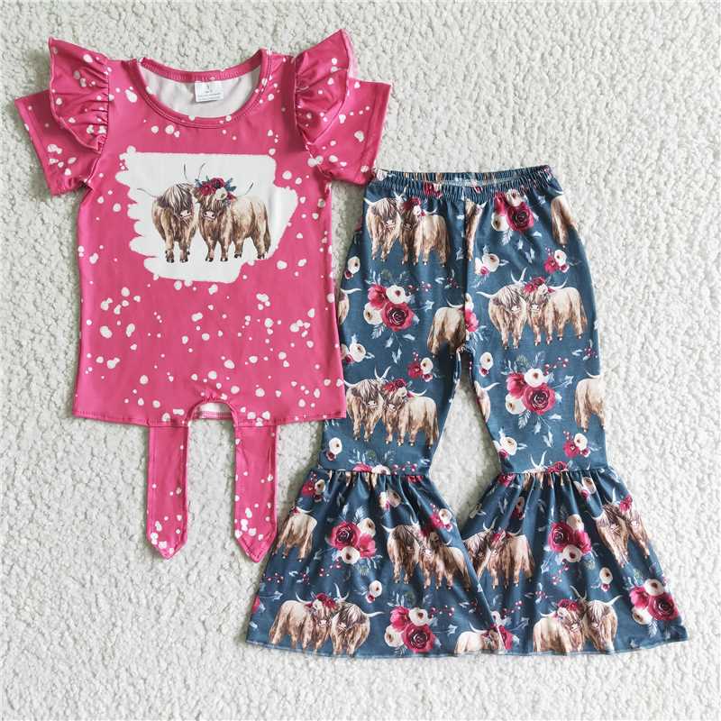 higtland cow flower short sleeve shirt bell 2 pcs girl sets kid clothes