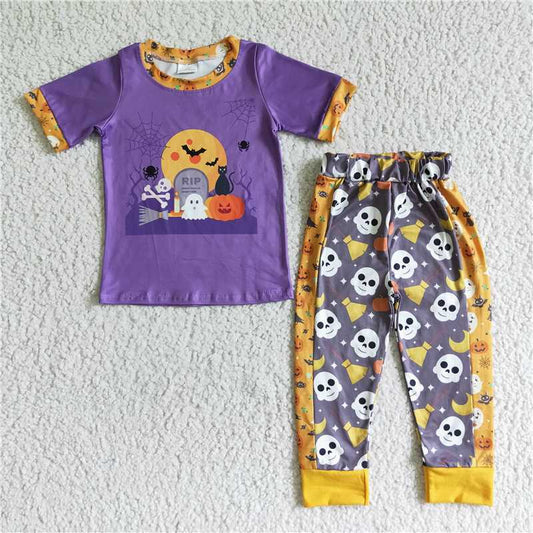 halloween fall boys outfits Purple shorts sleeve shirt and long pants sets