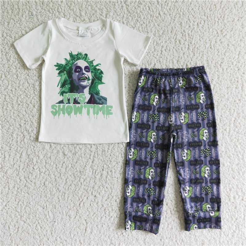 halloween fall boys outfits White green shorts sleeve shirt and long pants sets