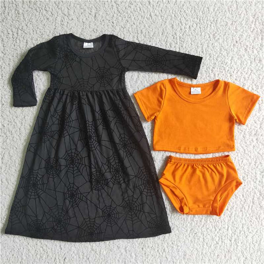 spider web yarn gown orange bummies sets halloween girls bummie suits 3 pieces outfits