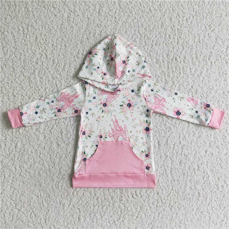 castle flowers girls long sleeve hoodie top with pink pockets