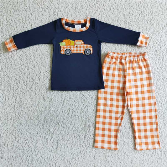 Embroidered Pumpkin pajamas suit boys long sleeve pants 2 pieces outfits fall winter sets