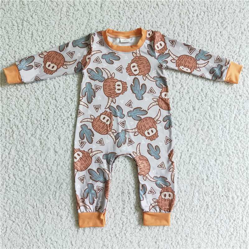 highlands cows long sleeve boys rompers with hidden button