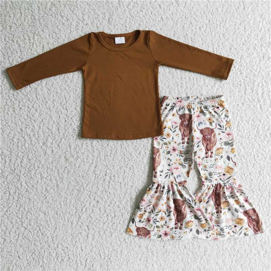 cotton shirt and highland cow bell pants 2 pieces girls outfits kids clothes