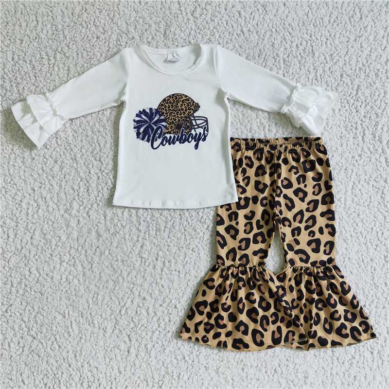 cowboy shirt and leopard bell pants 2 pieces girls outfits kids clothes