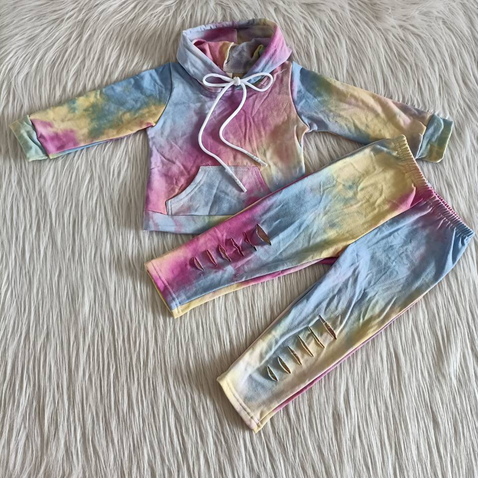 tie dye girls fall winter hooded & pants set hoodie kids clothes