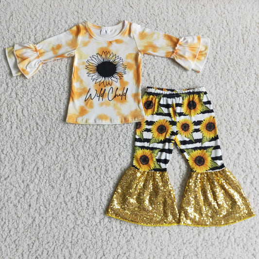 sunflower shirt and sequins bell pants 2 pieces girls outfits kids clothes