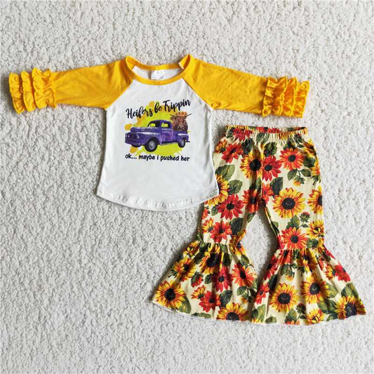 sunflower shirt and bell pants 2 pieces girls outfits kids clothes