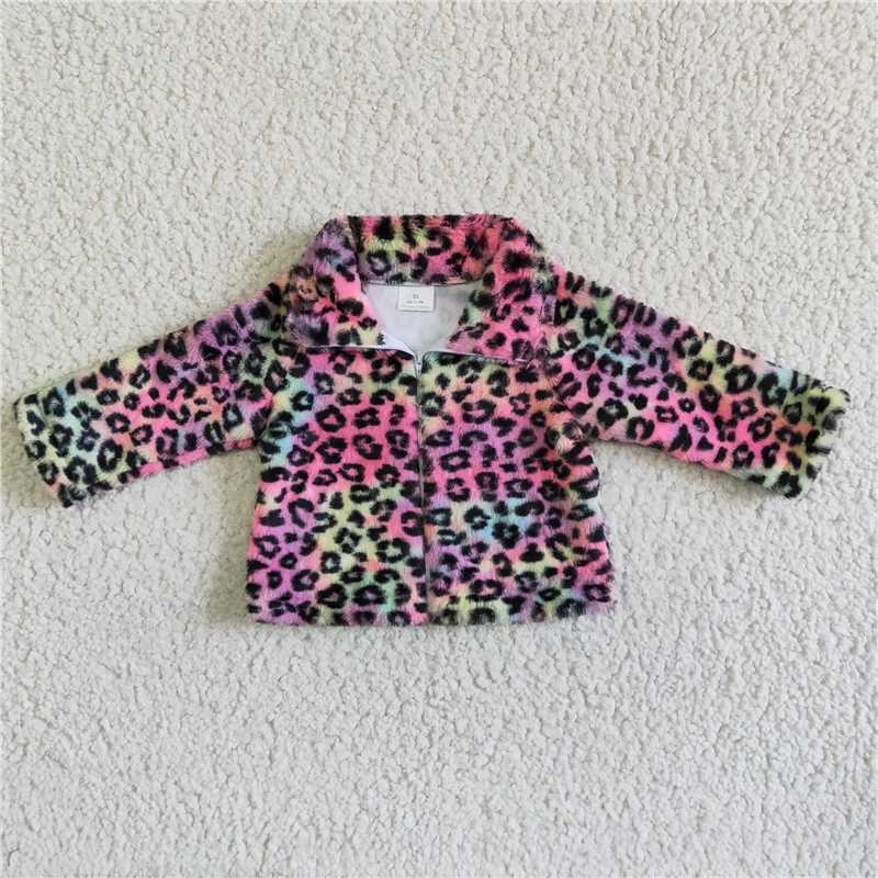 Cute Leopard print plush zipper jacket girls top winter