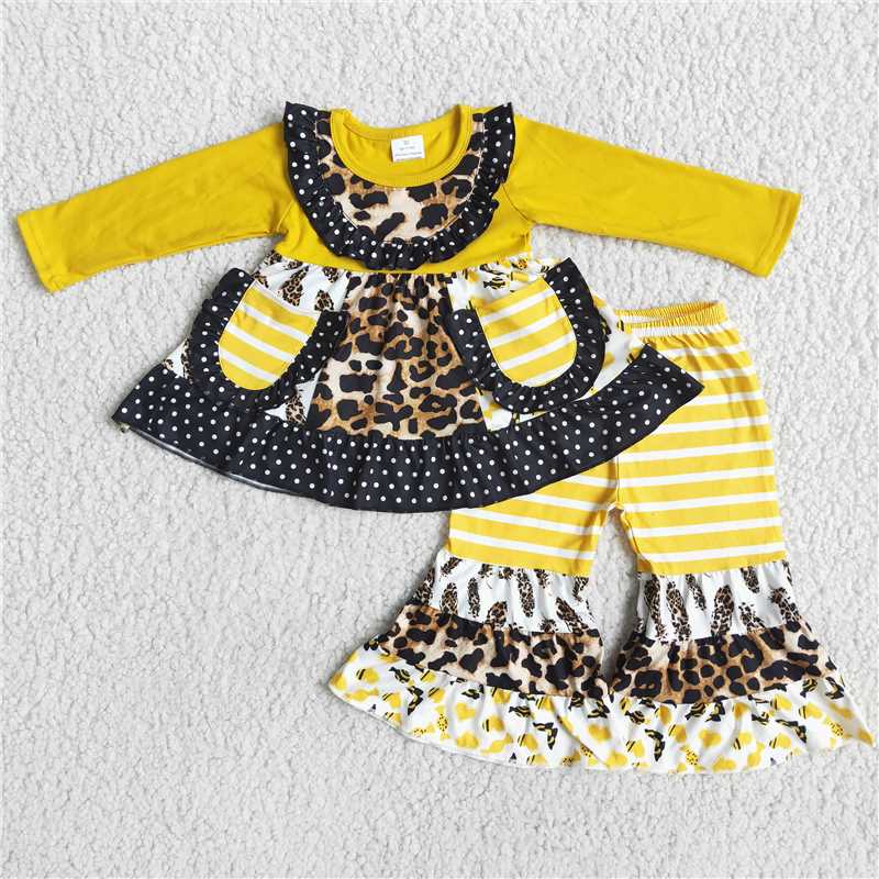 pockets top leopard bell pants 2 pieces girl sets kids clothes