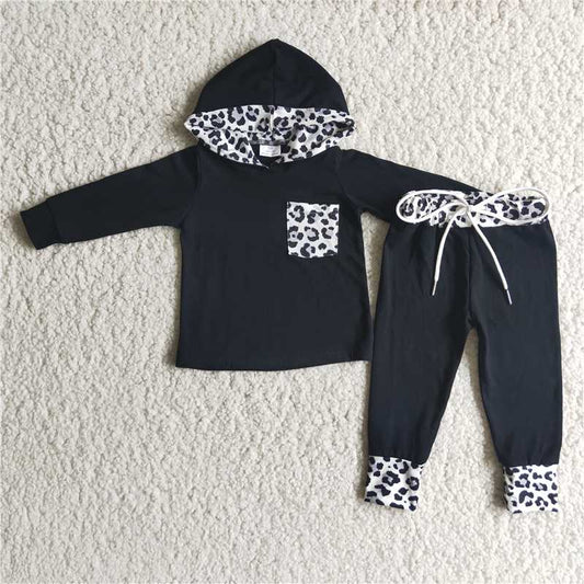 Leopard Pocket winter hooded long sleeve top and long pants sets