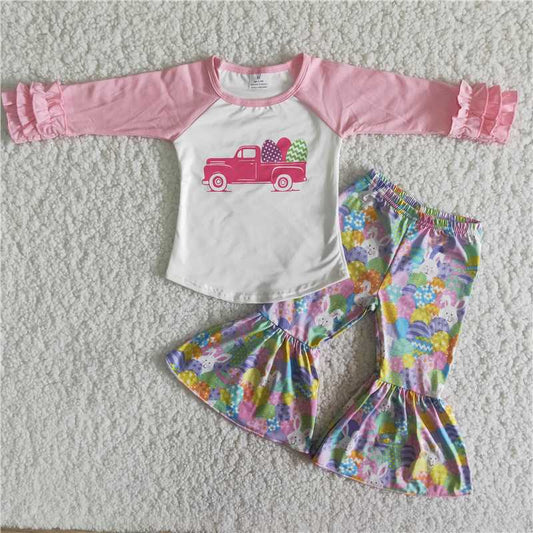 egg truck shirt bell pants happy easter girls sets