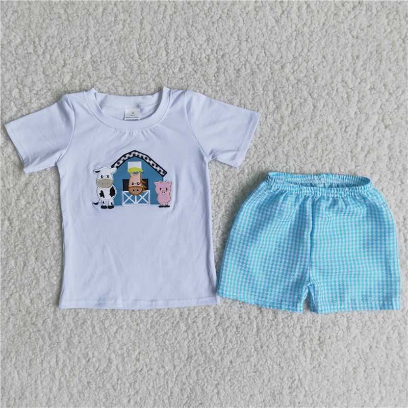 farm embroidery boys summer sets short sleeve shirt 2pcs