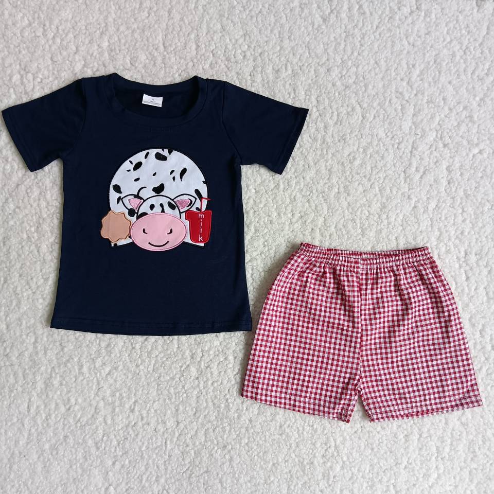 cow embroidery boys summer sets short sleeve shirt 2pcs