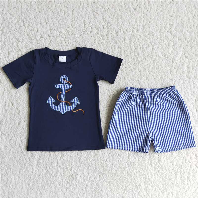 anchor embroidery boys summer sets short sleeve shirt 2pcs