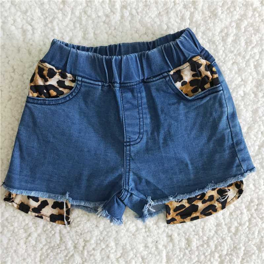 CUTE blue Leopard print jeans button denim shorts