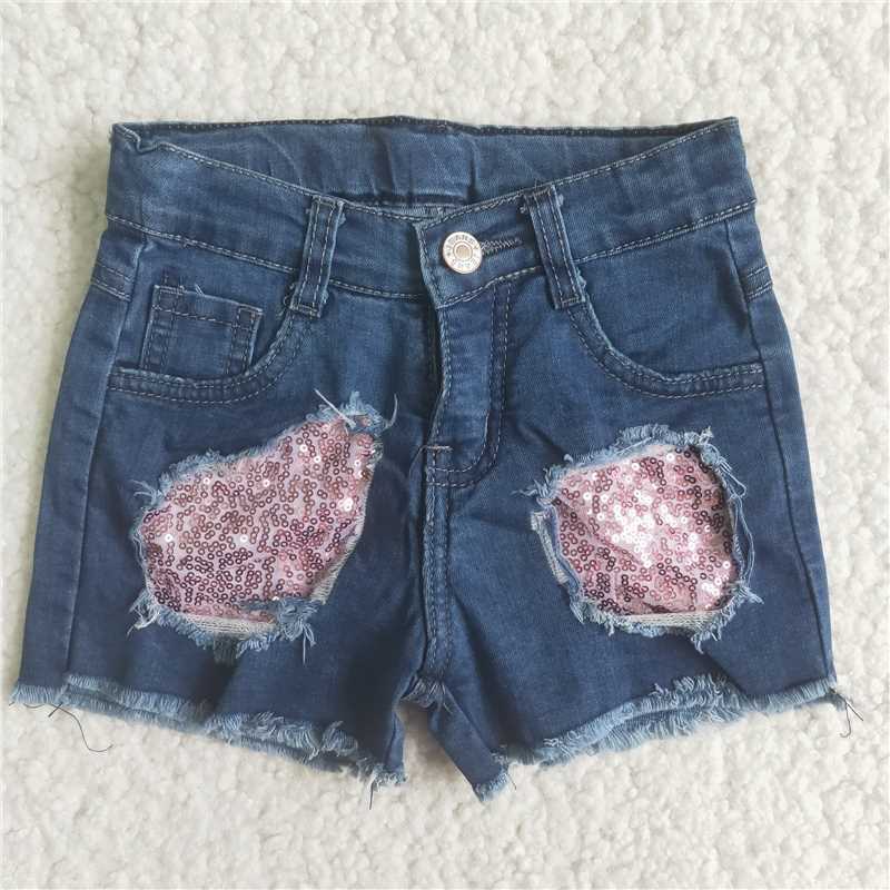 Lovely pink sequins jeans button denim shorts