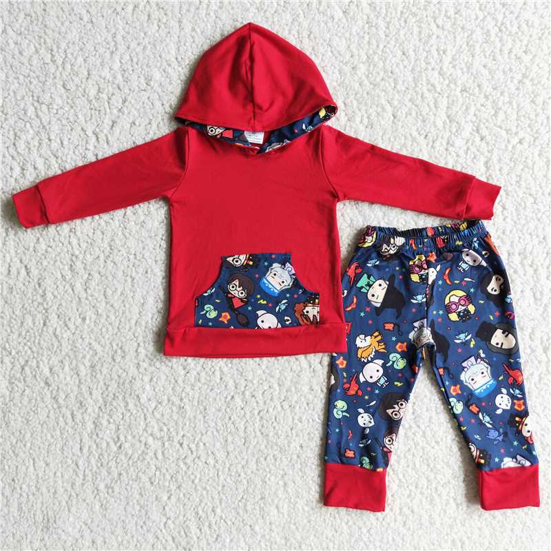 carton red boys winter hooded long sleeve top and long pants sets