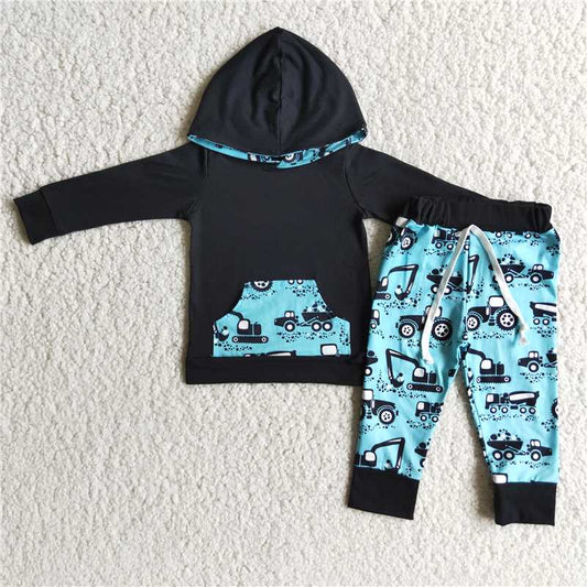 blue black tractor truck boys winter hooded long sleeve top and long pants sets