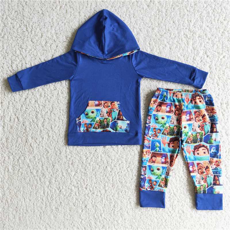 blue boys winter hooded long sleeve top and long pants sets