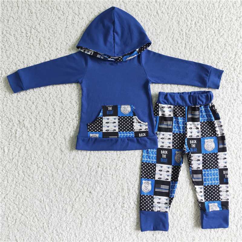 blue police boys hooded top and pants sets