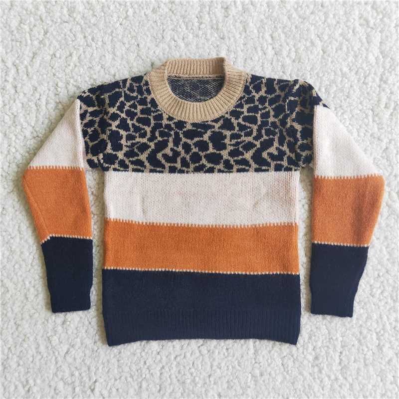 Leopard print stripe LONG SLEEVE Sweater