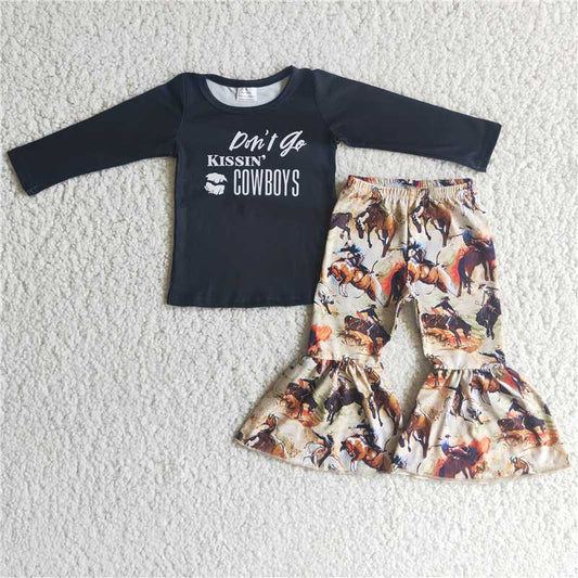 black shirt and Western cowboys bell pants 2 pieces girls outfits kids clothes