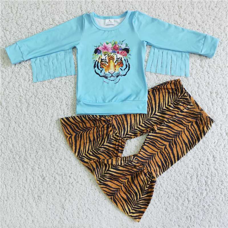 tiger tassel shirt and leopard bell pants girls outfits