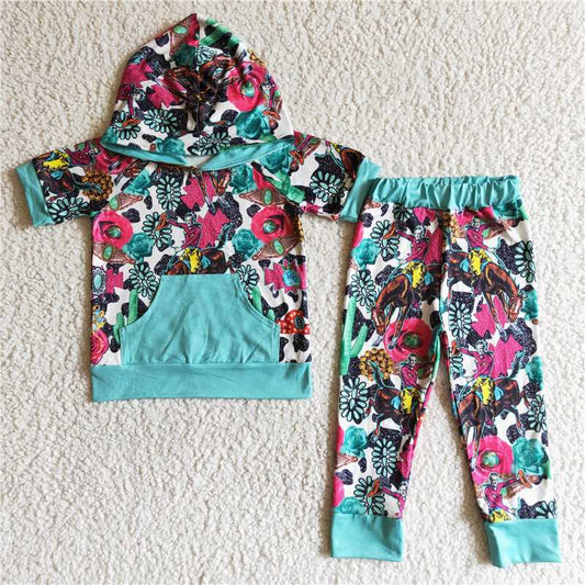 boys hooded outfits shorts sleeve shirt & pants 2 pieces sets