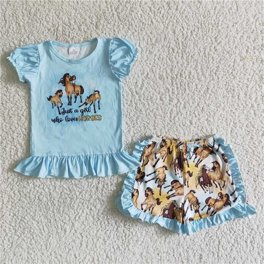 girls summer shorts sets blue shirt horse