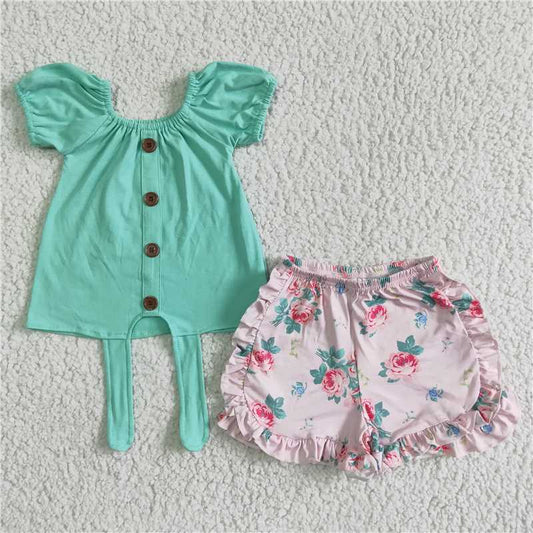 girls green top summer sets flower shorts 2 pieces oitfits