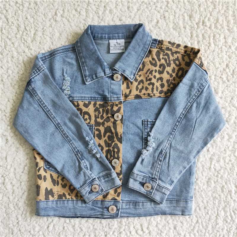 girls denim jacket Leopard print blue long sleeve coats