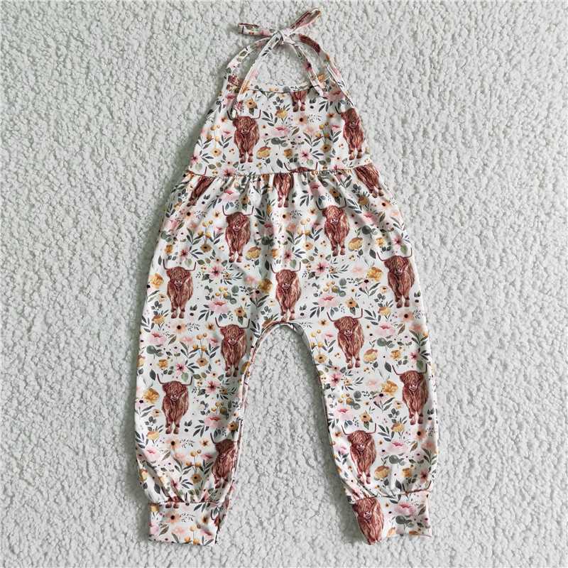 flower pink highlands cow girls jumpsuits kids romper