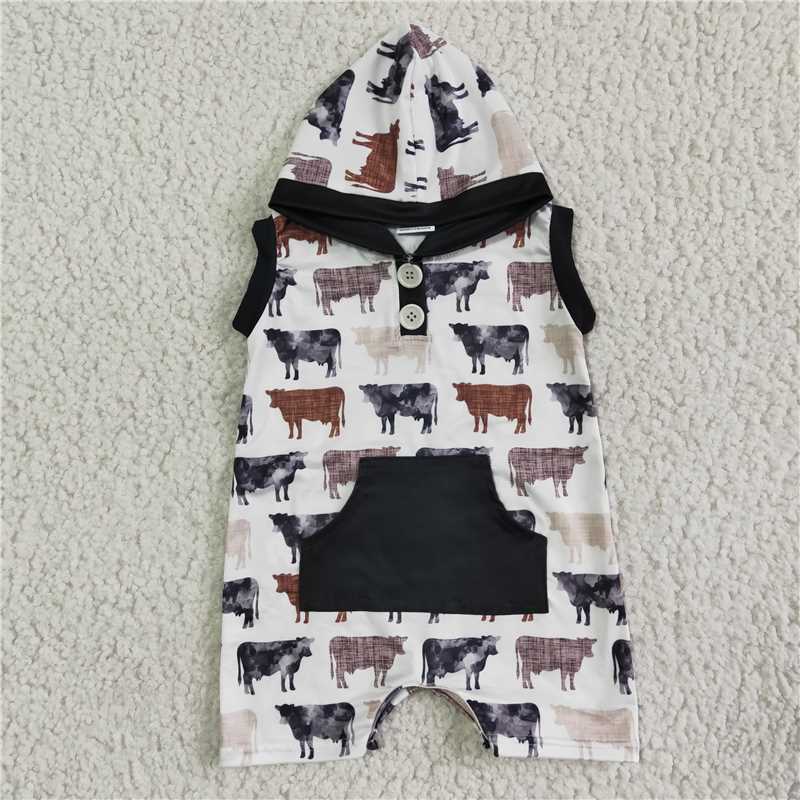 cow sleeveless hooded boys rompers with black pocket