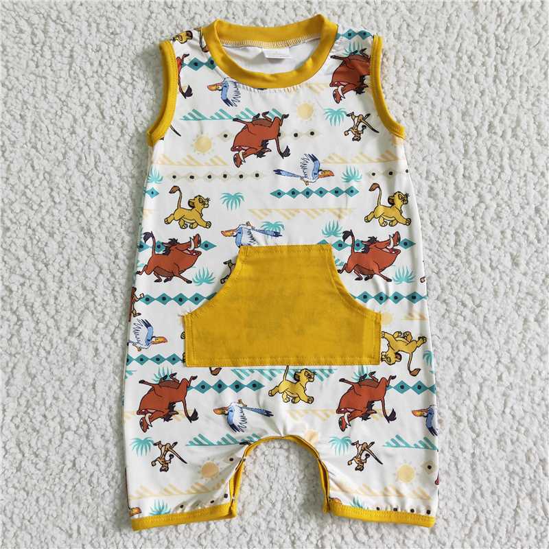 animal lion sleeveless boys rompers with yellower pocket