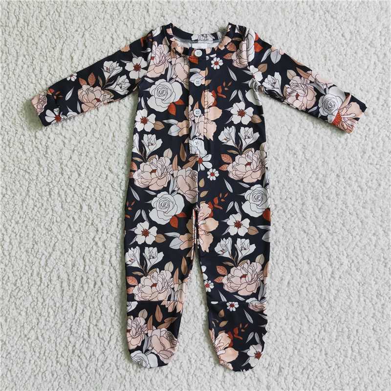 black flower baby Jumpsuit with Feet Long Sleeve romper