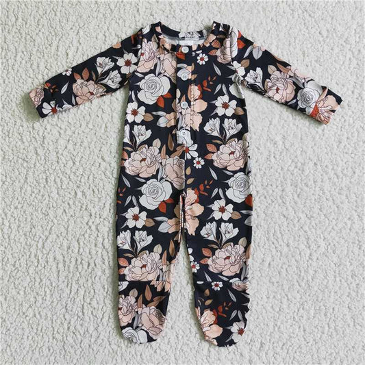 black flower baby Jumpsuit with Feet Long Sleeve romper