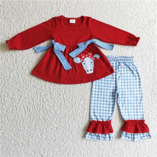 embroidery cow stripe pants 2 pieces girl sets kids clothes