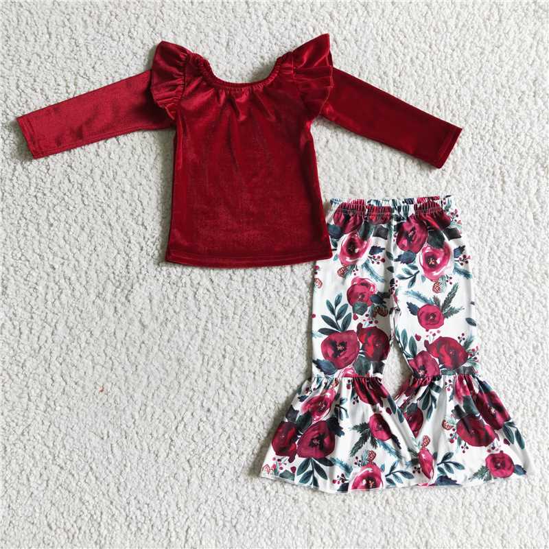 velvet top flower bell pants 2 pieces girl sets kids clothes