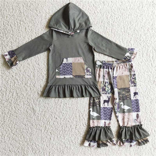 camo deer girls winter hooded suit long sleeve top and long pants sets