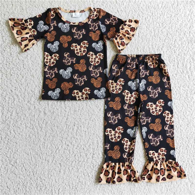 leopard cartoon 2 pieces girls pajamas sets kids clothes