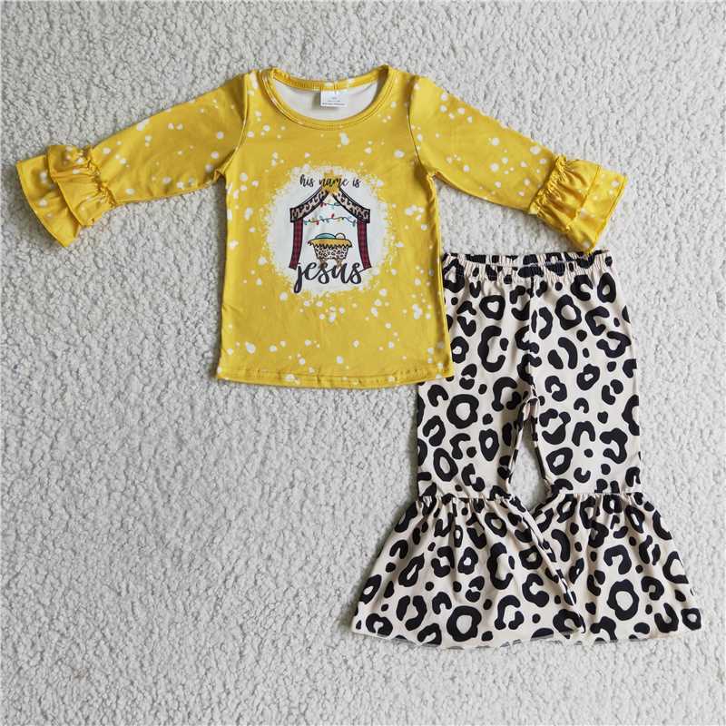 jesus  top and bell Leopard pants 2 pieces girls outfits kids clothes