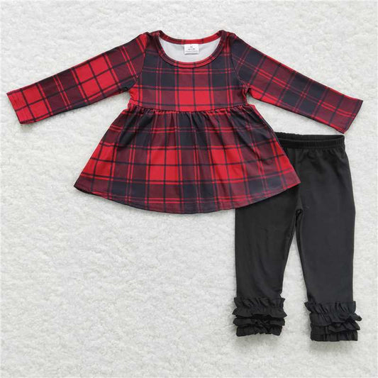 red plaid top black pants 2 pieces girl sets kids clothes