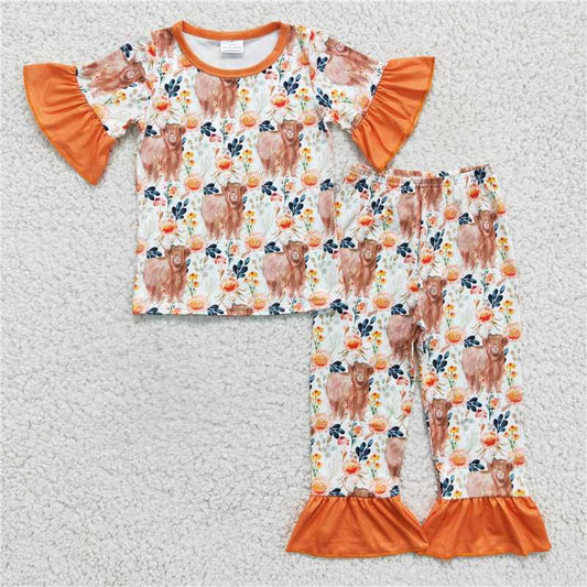 highland cow flower 2 pieces girls pajamas sets kids clothes