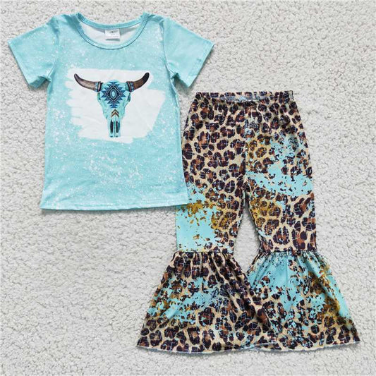 cow short sleeve shirt Leopard bell 2 pieces girls sets kids clothes