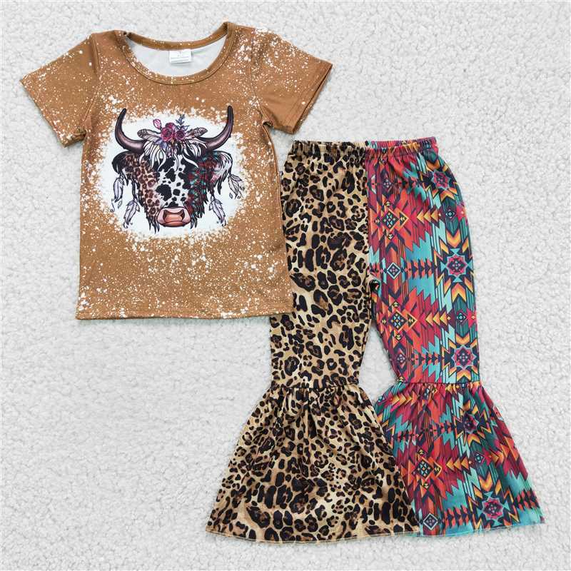 cow short sleeve shirt Leopard bell 2 pieces girls sets kids clothes