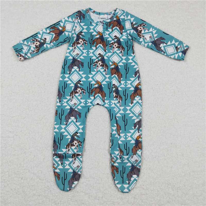 long sleeve zip Western cowboy romper with feet kid clothes