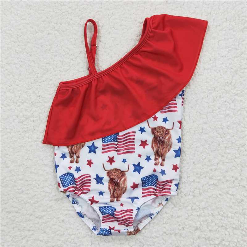 july 4th highland cow girls swimsuit bathing suit