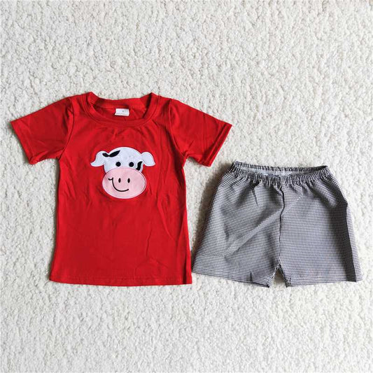 cow embroidery boys summer sets short sleeve shirt 2pcs